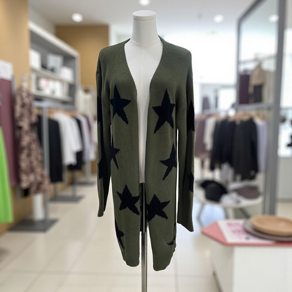 Cupshe Star Print Longline Cardigan Sweater Olive‎ Green Cozy Fall Streetwear